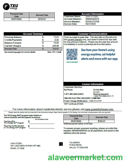 USA TXU Energy utility bill template in Word and PDF formats, version 7